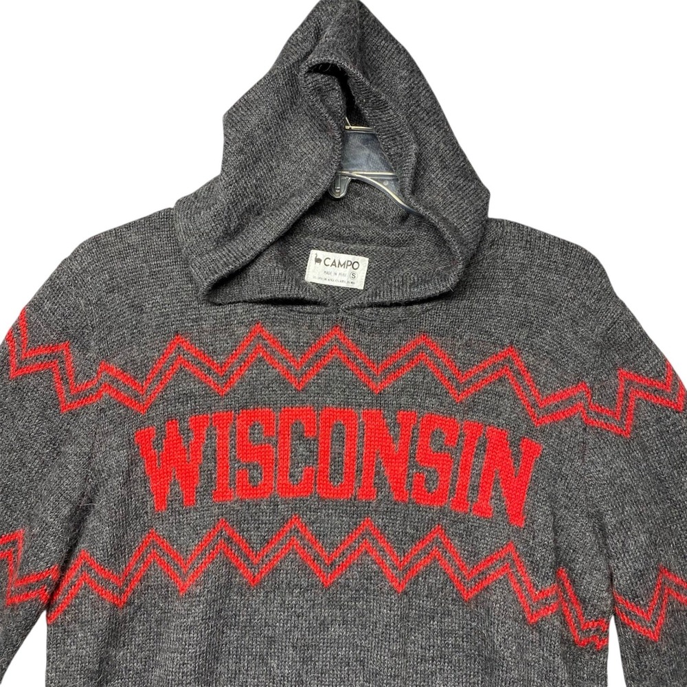 CAMPO Wisconsin Gray‎ Red Zigzag Knit Hoodie Sweater Alpaca Blend Size S Unisex